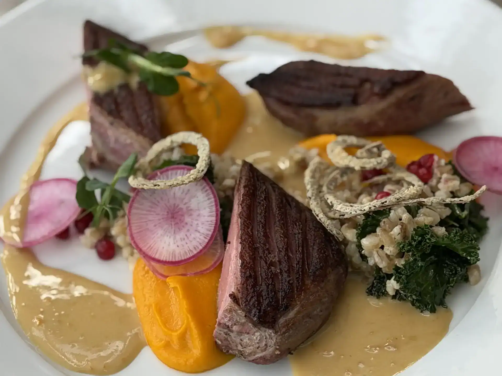 Delicious gourmet beef dishes served with colorful vegetables, radishes, and rich sauces at Gamla Væ.